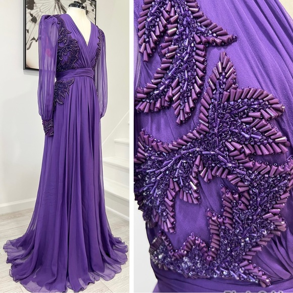 Zuhair Murad Silk Chiffon Beaded V-Neck Gown Dress - Picture 6 of 15